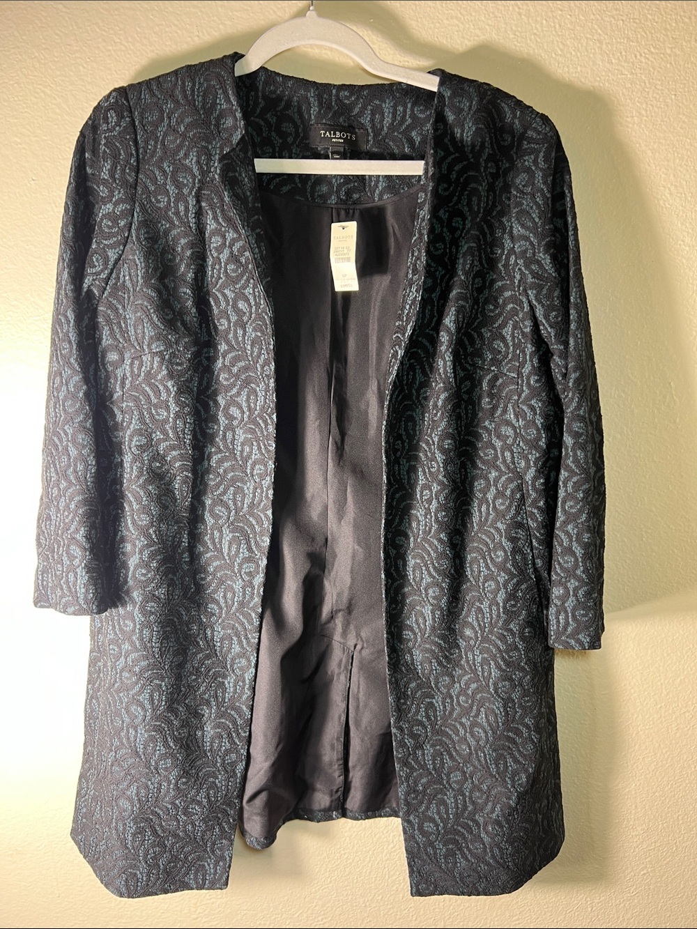 Talbots Black lace and teal Open-Front Blazer Coat size 6P